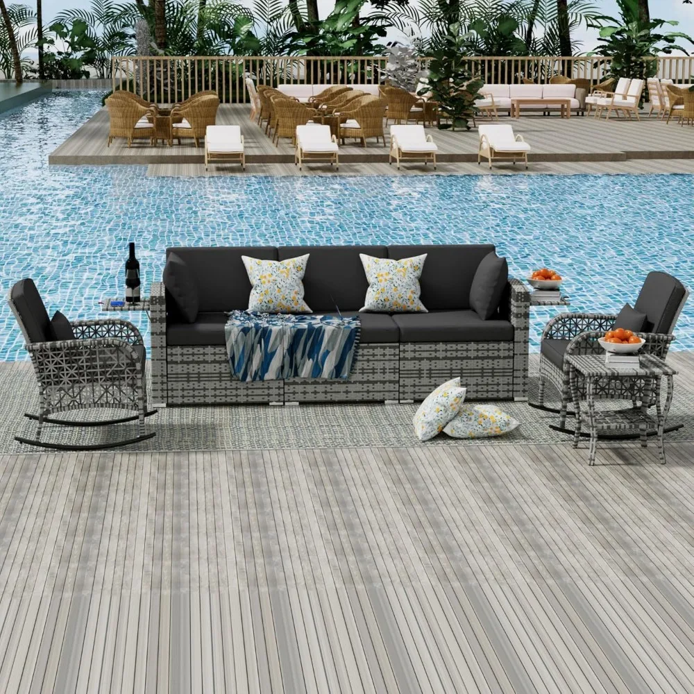 

6 Pieces Patio Furniture Set, Outdoor Sectional Sofa Couch, Wicker Outdoor Rocking Chairs and 3-Seat Patio Sofas for Garden,