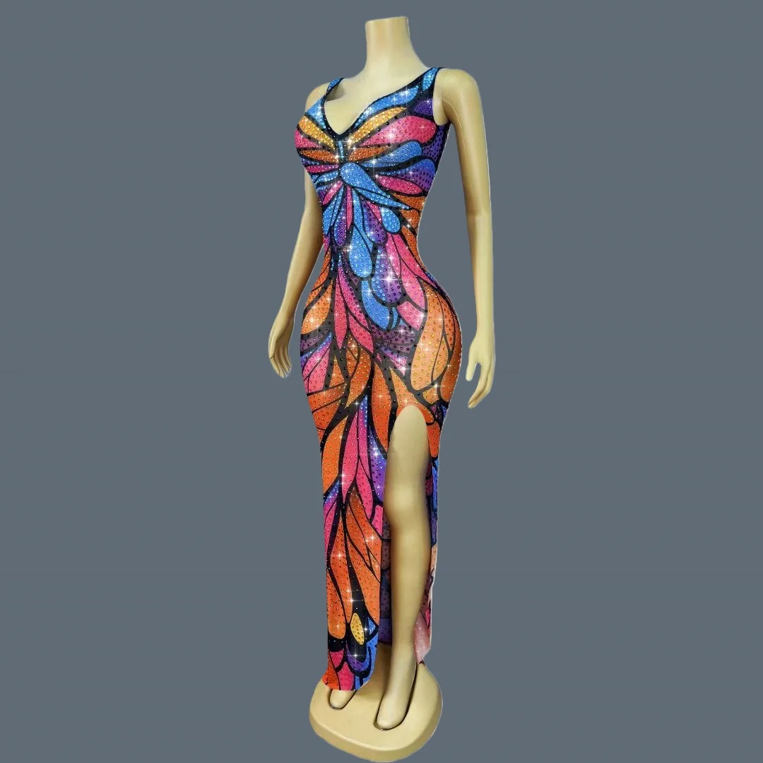 فراشة الطباعة سباركلي حجر الراين مساء اللباس مثير ضمادة العميق الخامس الرقبة فستان طويل موضوع حزب احتفال الزي Caihongdie