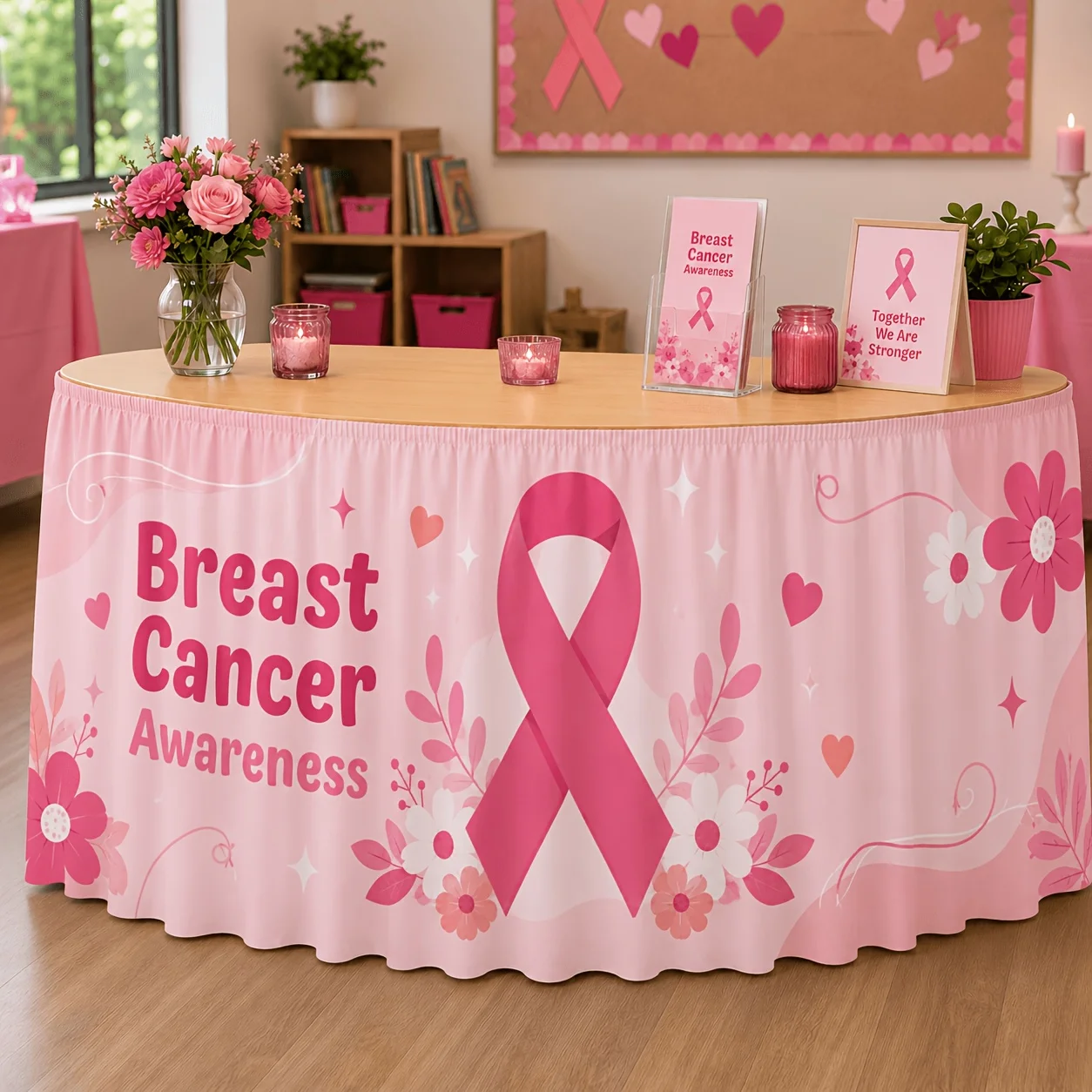 1 tablecloth table skirt breast cancer prevention table skirt pink ribbon daisy flower leaf heart shape shiny wave print