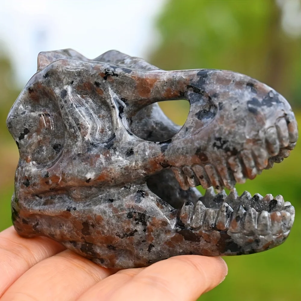 1pc Yooperlite Carved T-Rex Skull, UV Reactive Crystal Quartz Dinosaur Figurine, Home & Office Decor Ornament