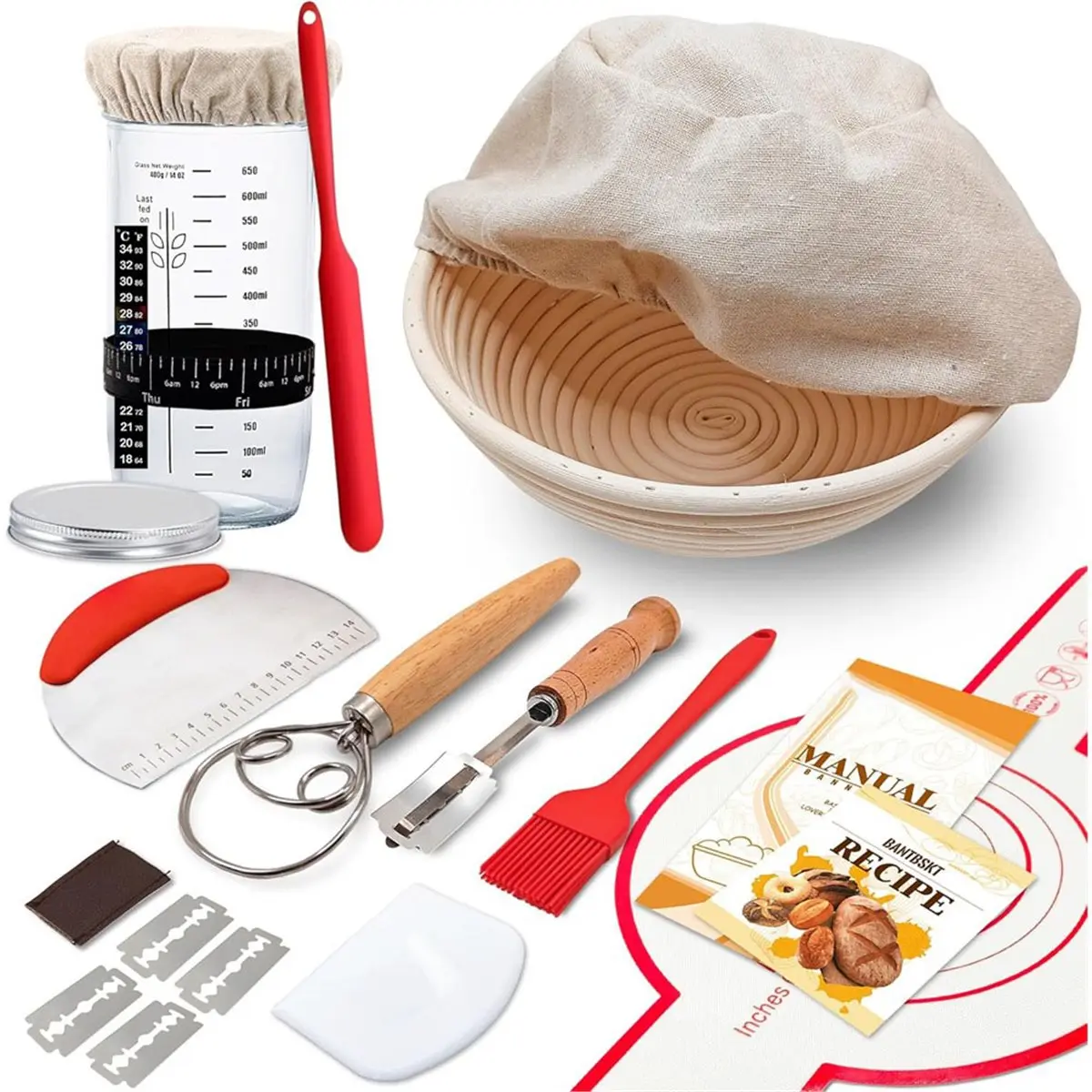 ABNQ Complete Sourdough Kit with Banneton Bread Proofing Basket and Glass Jar for Bread Making