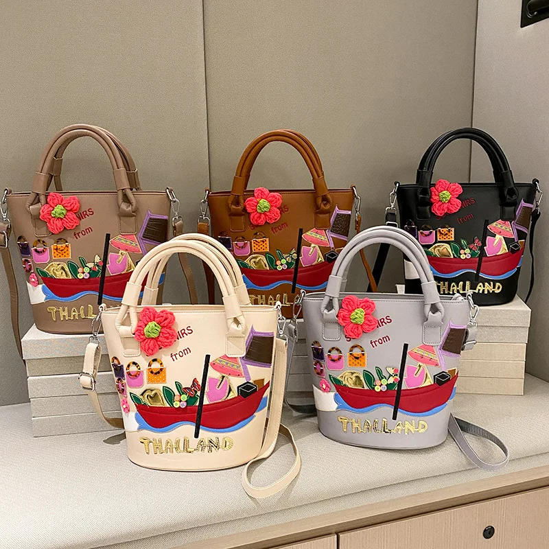 Fashion Cartoon Embroidered Bucket Shape Women Purses and Handbags Designer Leather Shoulder Bag Female Tote Bag High Quality