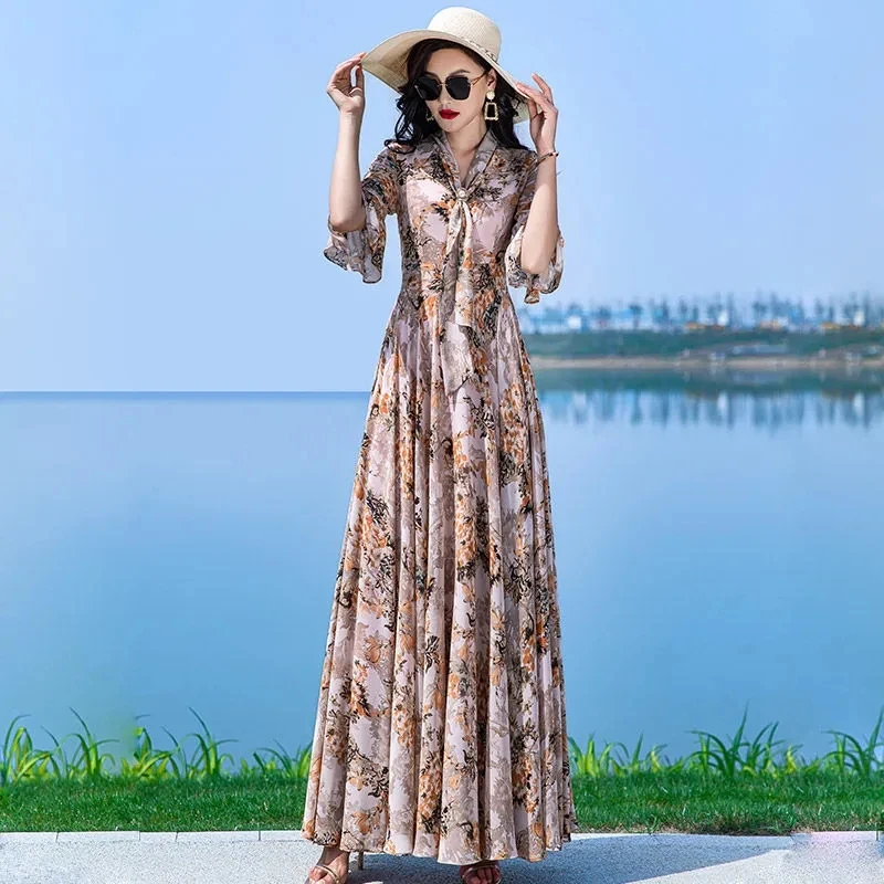 Long Printed Dress Women's 2024 New Autumn Chiffon Seaside Holiday Beach Dresses Female V-Neck Vintage Luxury Party Vestidos Y2K