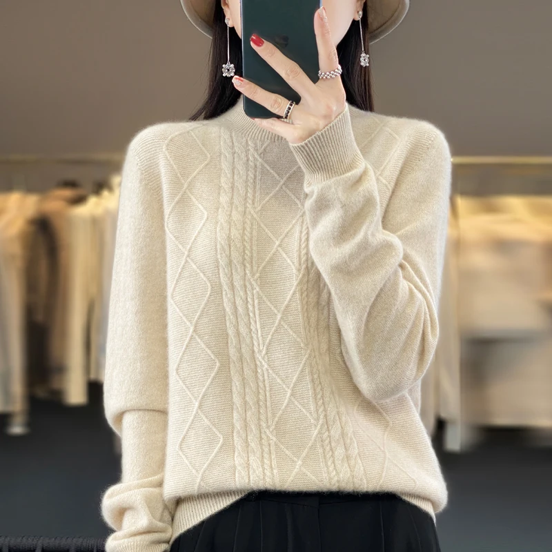 Autumn/Winter new cashmere sweater for women 100% Merino wool fashion semi-turtleneck warm lightweight jumper top