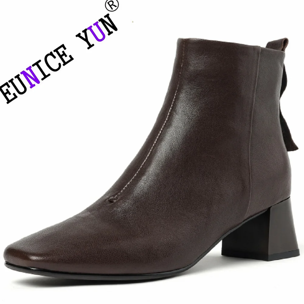 

【EUNICE YUN】New Handmade Genuine Leather Chunky Mid Heel Ankle Boots Vintage Autumn Winter Boots 34-40