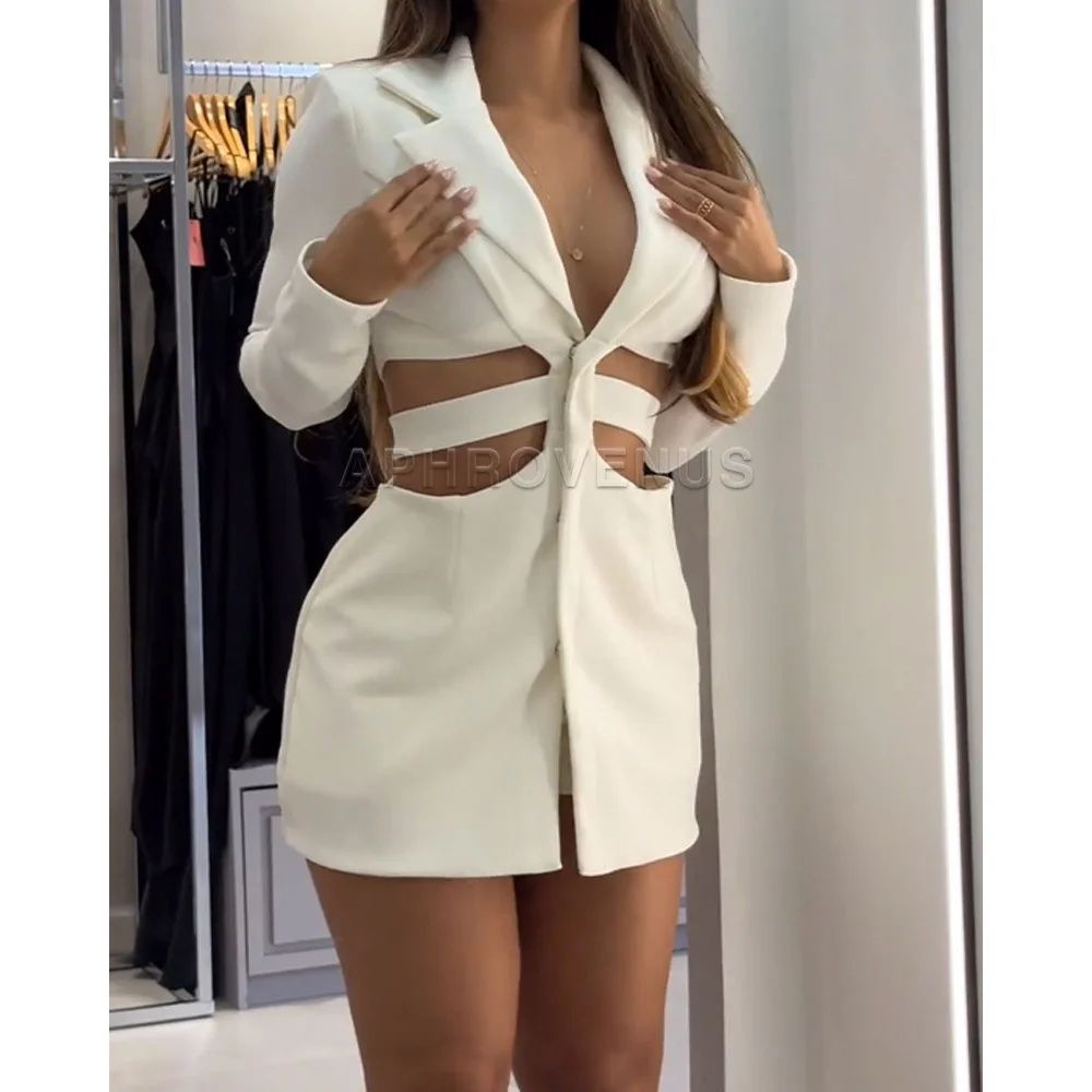 Stijlvolle uitgeholde jurk met V-hals en slanke shorts Set Dames zomermode Sexy tweedelige outfit Casual elegant pak met lange mouwen