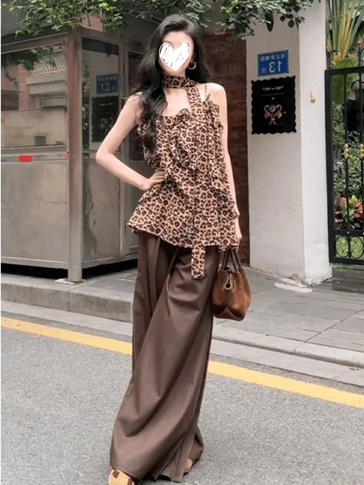 

Trendy Leopard Print Design Tank Top And High Waist Wide Leg Pants Two Piece Set Women's Summer New Style Casual Fashion