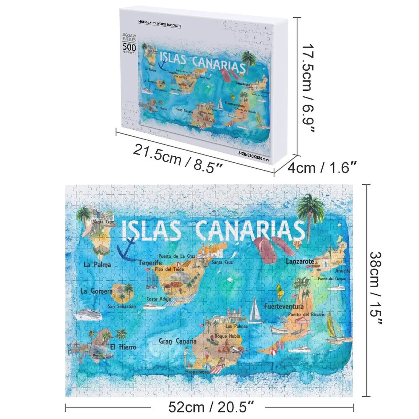 Иллюстрированная карта путешествий Канарских островов с тенэрифе, Гран Канарри, Ланзароте, Fuerteventura La Palma Gomera и профессиональная головоломка