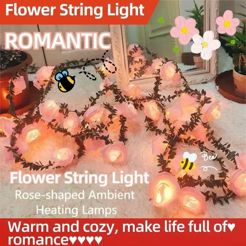 Roses LED Warm Light String Simulation Green Leaves Cane Ambient Lights Garden Christmas Day Decoration Flowers Colored Lights