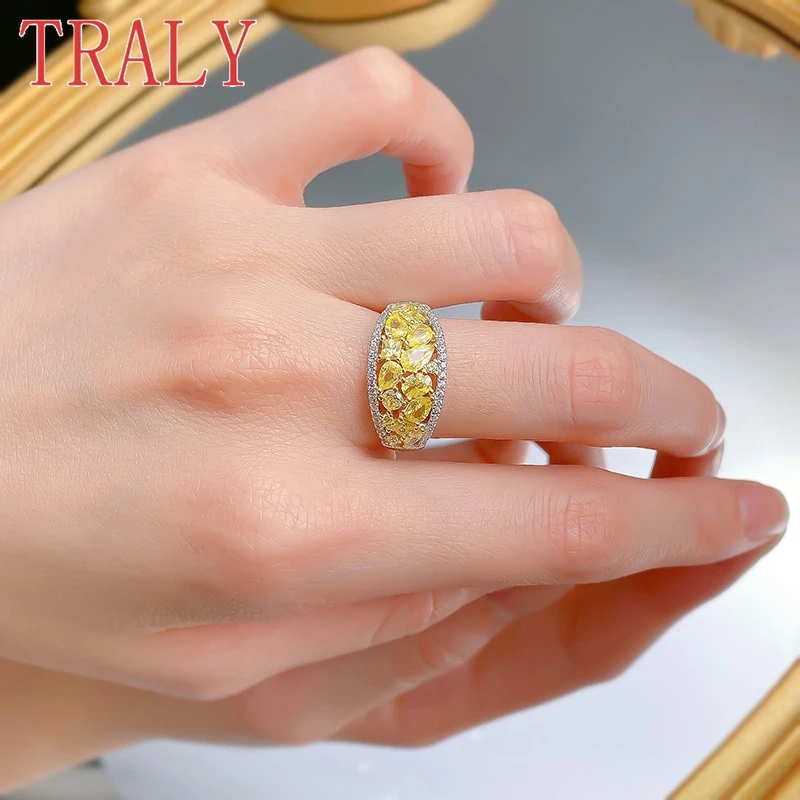 925 Sterling Silver Ring for Women Coloured Gemstone Row Rings Classic Yellow Diamond Wedding Bands Luxury Jewelry Party Gift