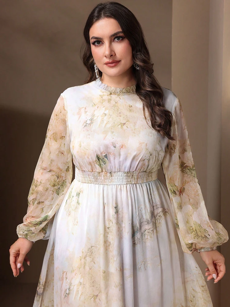 TOLEEN 2024 nuove donne Plus Size elegante abito con maniche a lanterna floreale con vita arricciata e Maxi abiti lunghi con orlo lungo fino al