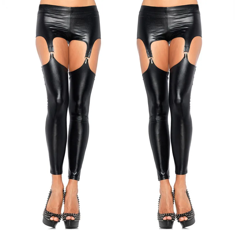 Sexy Shiny Punk Gothic Faux Leather Leggings Erotic Wet Look PVC Leggings Hollow Out Temptation Slim Latex Pants Trouser