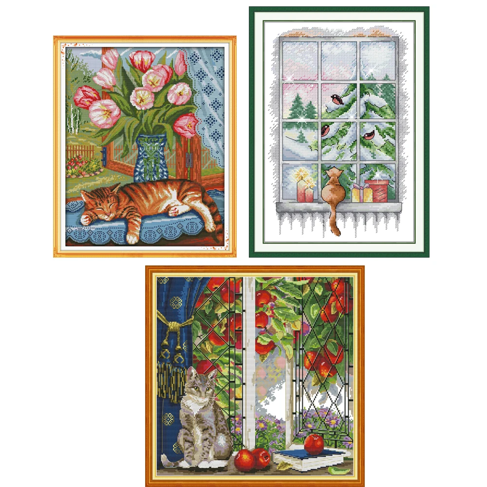 

Joy Sunday The Cat Series Picture Stamped Cross Stitch Kits 11/14/16CT Folk Craft Handmade Embroidery Needle Sets Home Decor