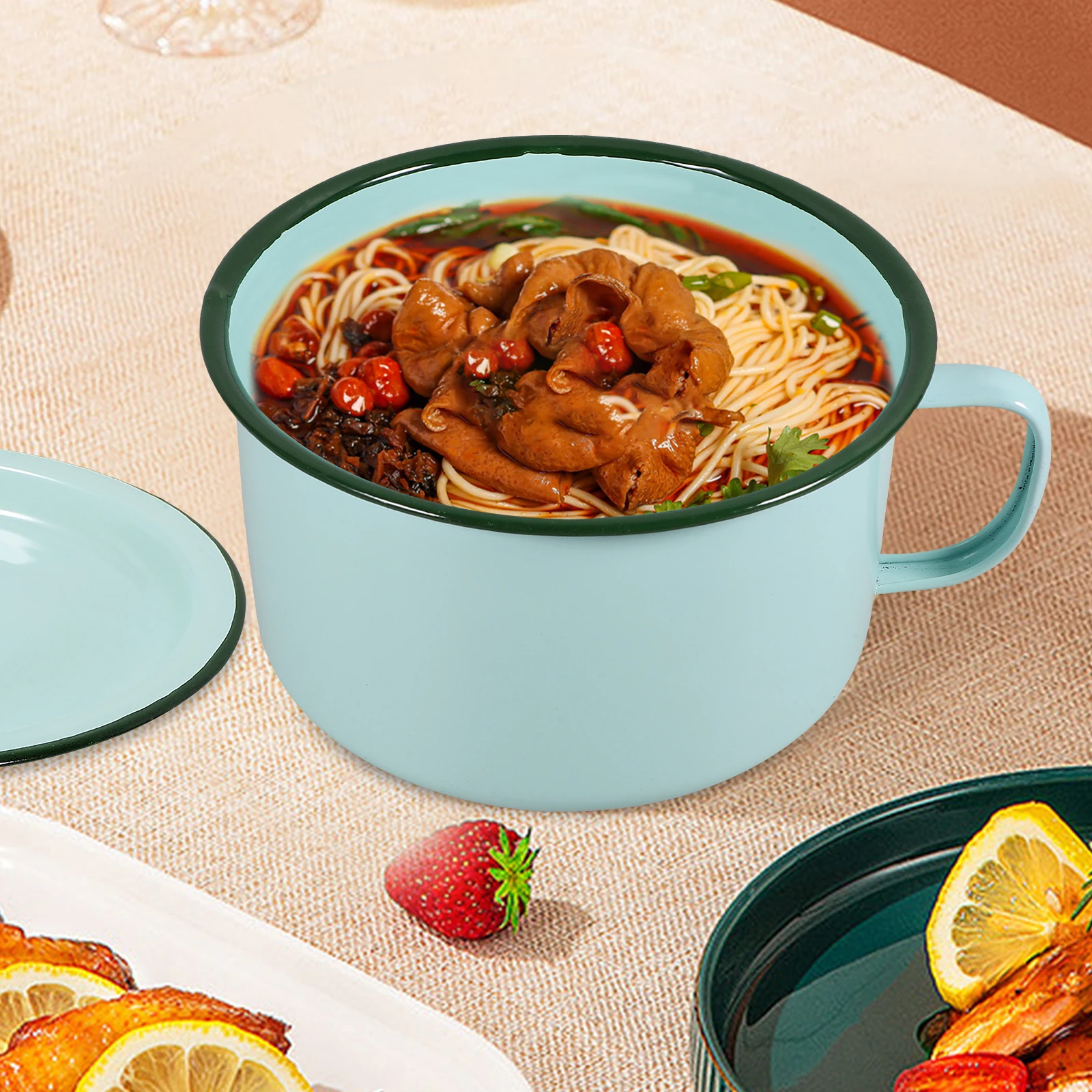 

Retro Enameled Bowl Snack Cup Japanese Soup Food Serving Household Container Dining Salad Ramen Lid Tableware Pasta Large Size