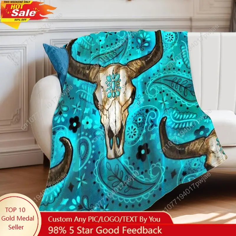 Soft Flannel Dual-Sided Printed Flannel BlanketTeal Buffalo Skull Western Style Flannel Fleece Blanket Custom blankets