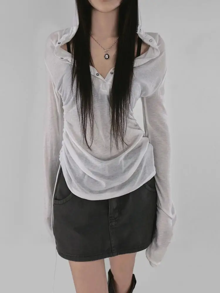 Yedinas Hooded Sheer T Shirt Woman Clothes Long Sleeve Korean Fashion 2000s Clothes Y2k See Through Autumn Tops Tees Female