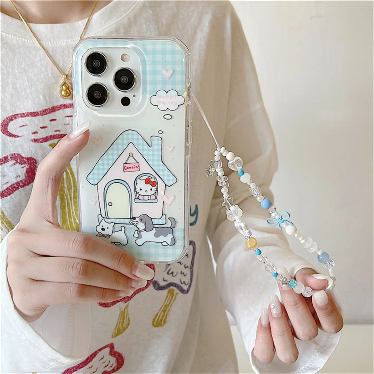 

Korean Cute Hellokitty Dog Phone Case For iPhone 16 Pro 15 14 13 Pro Max Cover with Chain Cartoon Protective Cases