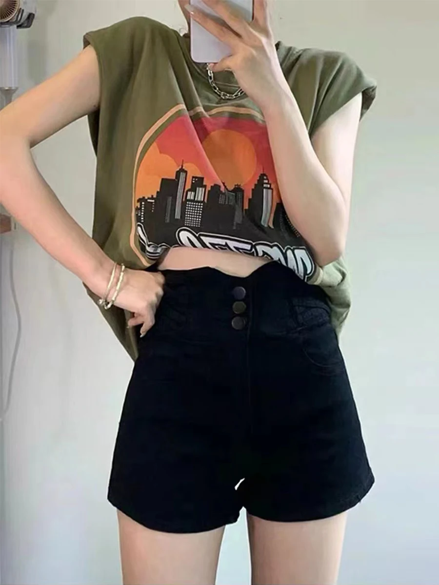 

High Waist Elastic Denim orts Women's Summer Thin Wide Leg Hot Pants A-Line Straight Cut Loose Fit Jeans High Waist Slimming