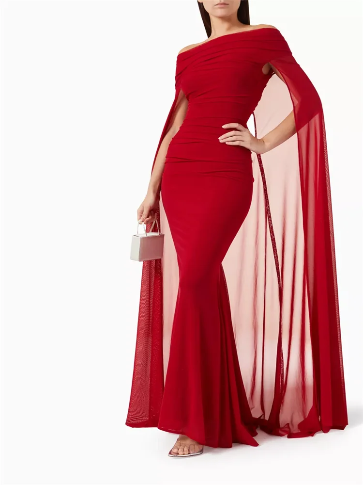 Hot Selling Off Shoulder Neckline Elongated Sleeves Crepe Mermaid Evening Dress Elegant Back Zipper Floor Length Gown For Women