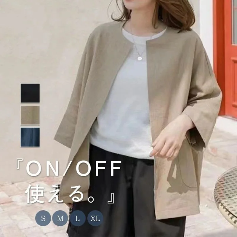 Japan Rakuten 2026 Spring/Summer Linen Round Neck Jacket For Women, Loose, Comfortable, Breathable, Versatile, Sun-Protective