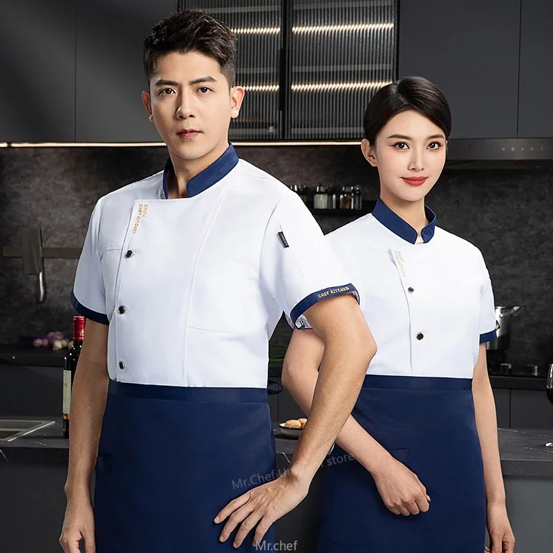 Chaqueta de Chef de verano, uniforme negro para hombre, abrigo de Chef de restaurante de manga corta, delantal, ropa de trabajo, logo, tops de Chef de cocina de malla transpirable