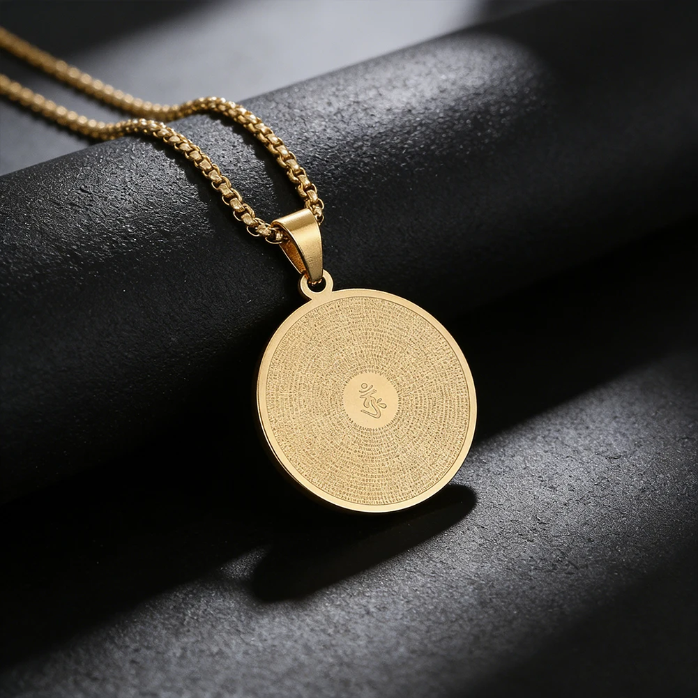 Stainless Steel Golden Necklace Circular Surangama Sutra Engraving Pattern Meditation Men Versatile Decor Charms Fashion Jewelry