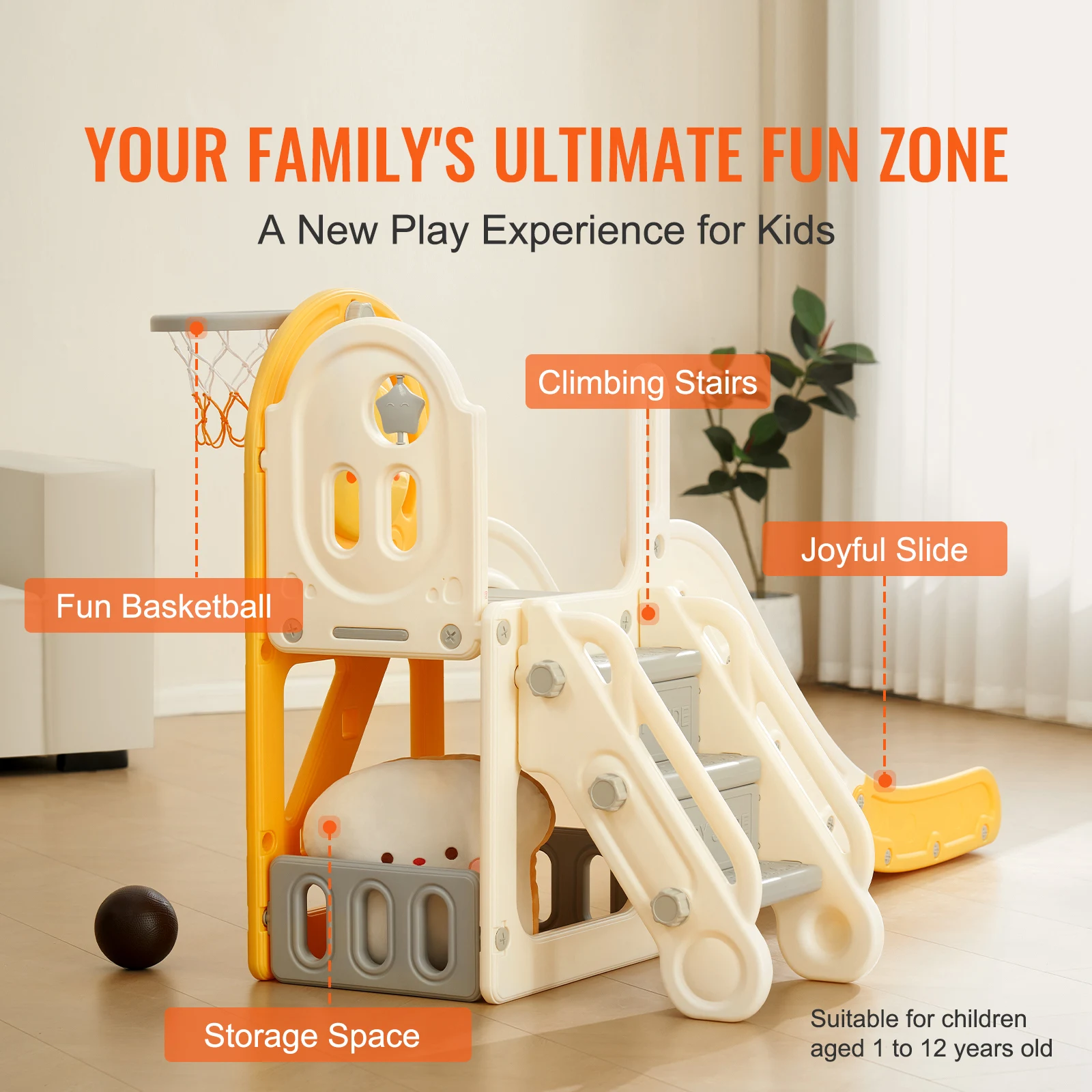 Toddler Slide, Kid Slide for Toddlers Age 1-3 w/Climbable Ladders & Basketball Hoop & Storage Space, Indoor Outdoor Slide Playset for Kids Within 110lbs, Toddler Playground w/Raised Handrail