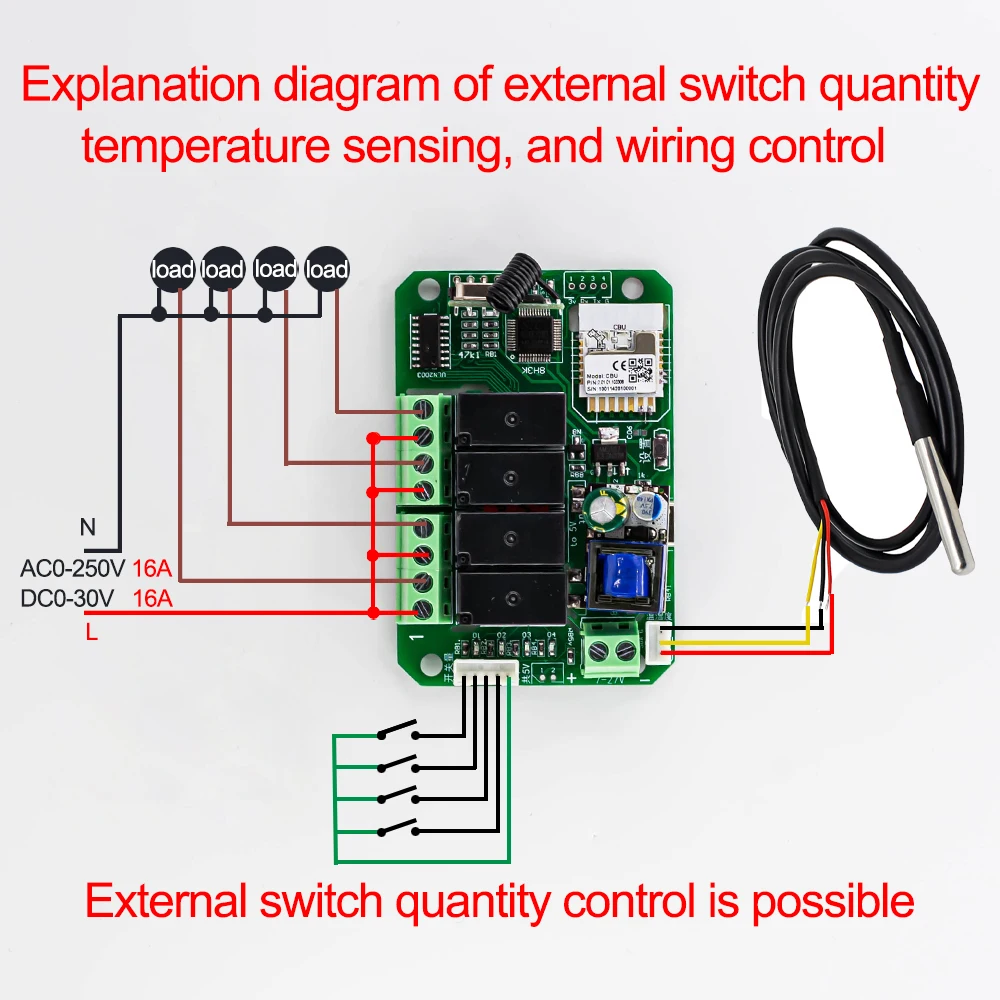 Tuya 4 Way WiFi/Zigbee Remote Control Smart Switch DC7-27V AC85-250V 16A Magnetic Latching Relay Support Temperature Input