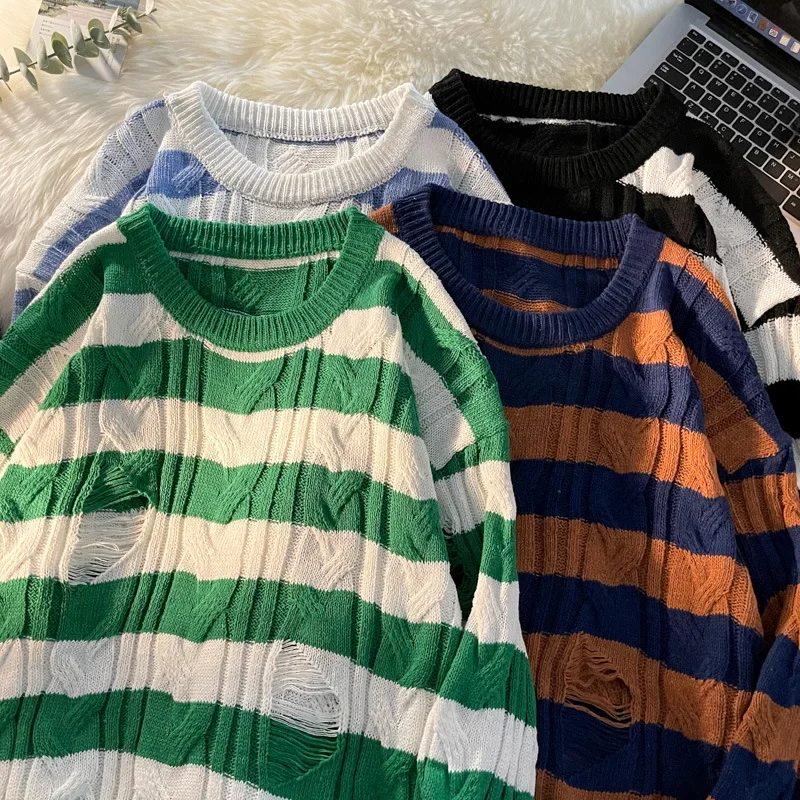 

2023 Men's Ripped Sweater Mixed Color Stripe Loose Couple Sweater