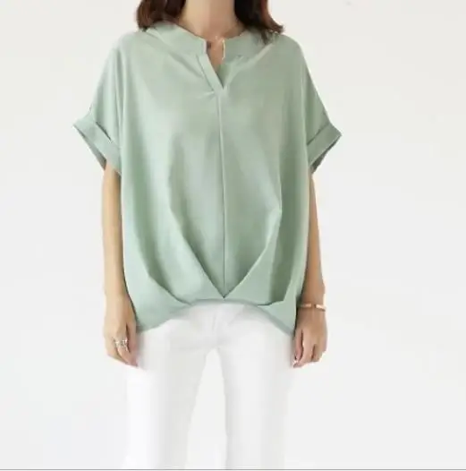 Nueva moda coreana japonesa Primavera Verano mujer Color sólido suelta moda pantalón corto Casual manga cuello pico camisas de gasa Tops femeninos