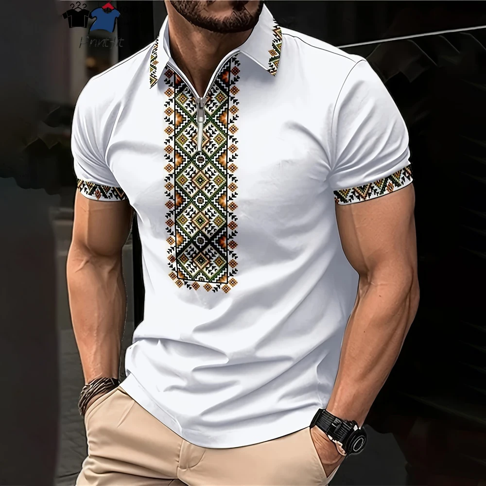 

3D Vintage Ethnic Style Casual Polo Shirt Mens Big Size Big Size Short Sleeve Zip Printed Polos Fashion Outdoor Sport Polo Shirt