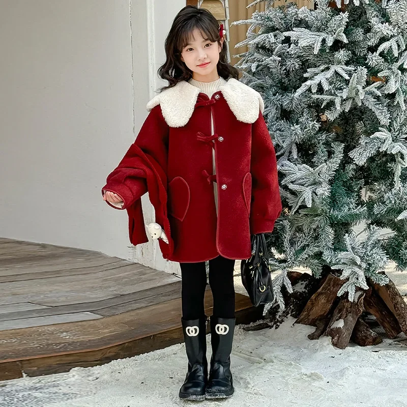 Girls Coat 2024 Winter New Childrens Clothing Girls Baby Fleece Thickened Medium Long Doll Collar Coat Leisure Simple Daily