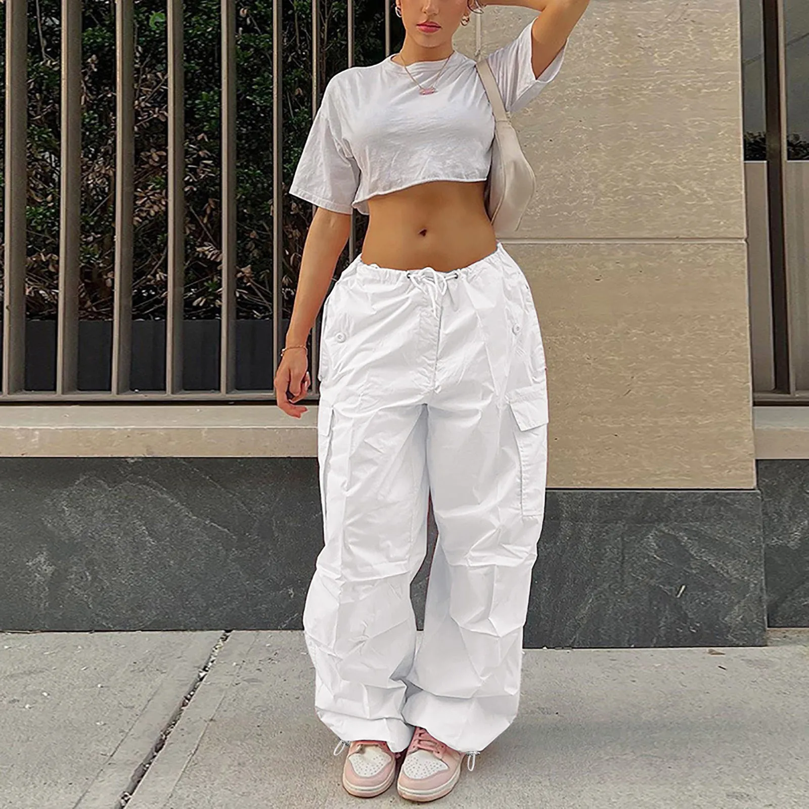 

Fashion Y2K Large Size Baggy Pants Women's Large Size Drawstring Straight Leg Cargo Pants Solid Color Loose Casual Trouser