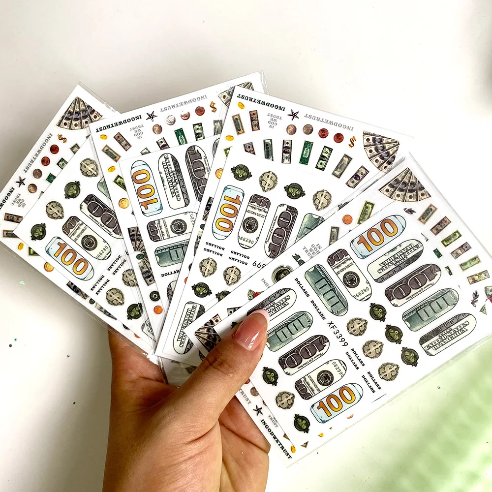 2 Sheets Money Dollar Nail Art Stickers Nail Adhesive Sticker Interesting Nail Decal Holographic 3D Acrylic Nails Supplies Decor