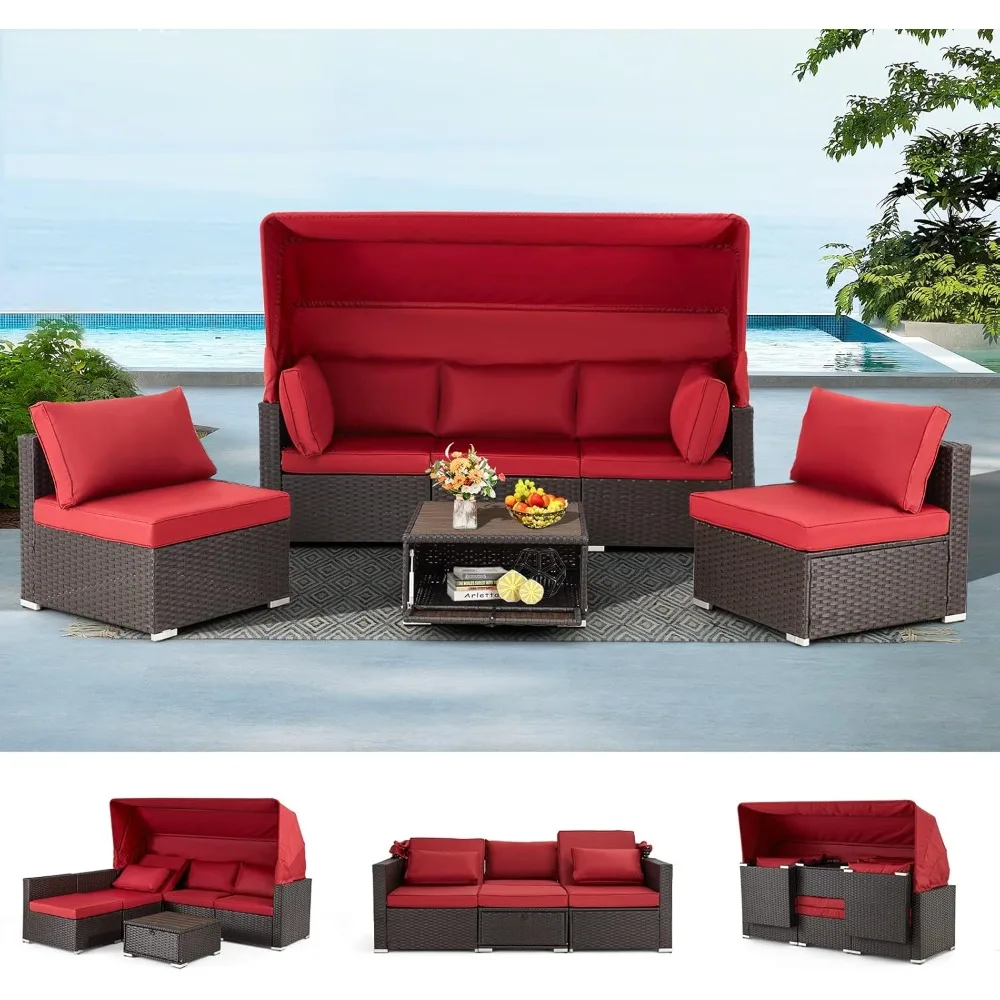 

6 Pieces Patio Conversation Sets, Rectangle Wicker Daybed with Canopy, Adjustable Backrest, Storable Tea Table, Outdoor Sunbed