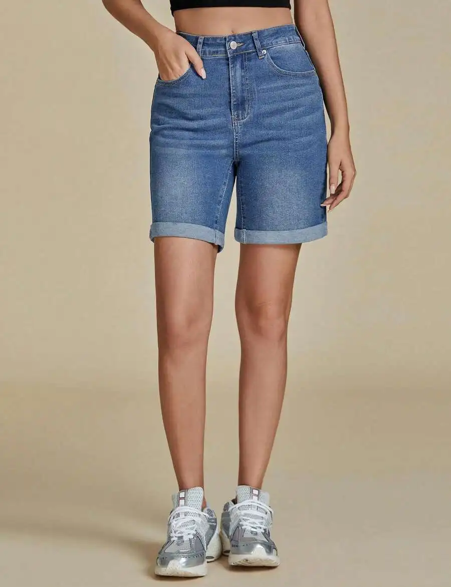 

High Waist Stretch Denim Shorts For Women Knee Length Casual Jeans