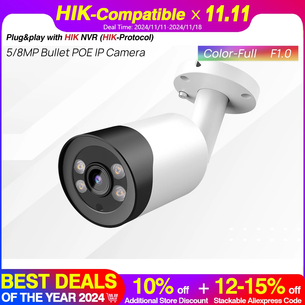 Hikvision Compatible 4K COLOR NIGHT CAMERA 8MP Full Color ColorVu Bullet IP Camera Colorful 5MP Security CCTV PoE Build in Mic