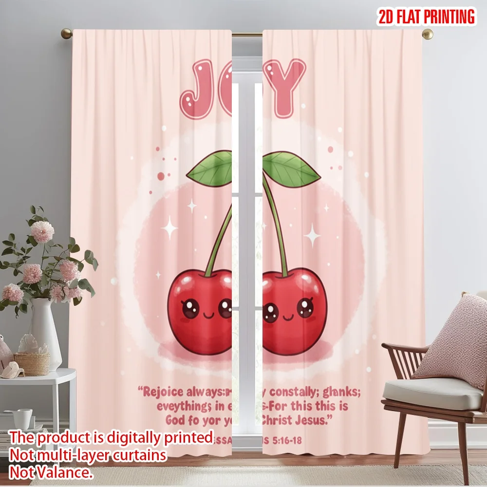 

2pcs 2D flat printing Curtain Cute Cherries Joy Christian Faith Polyester Without Electricity Birthday Party Perfect for Outdoor