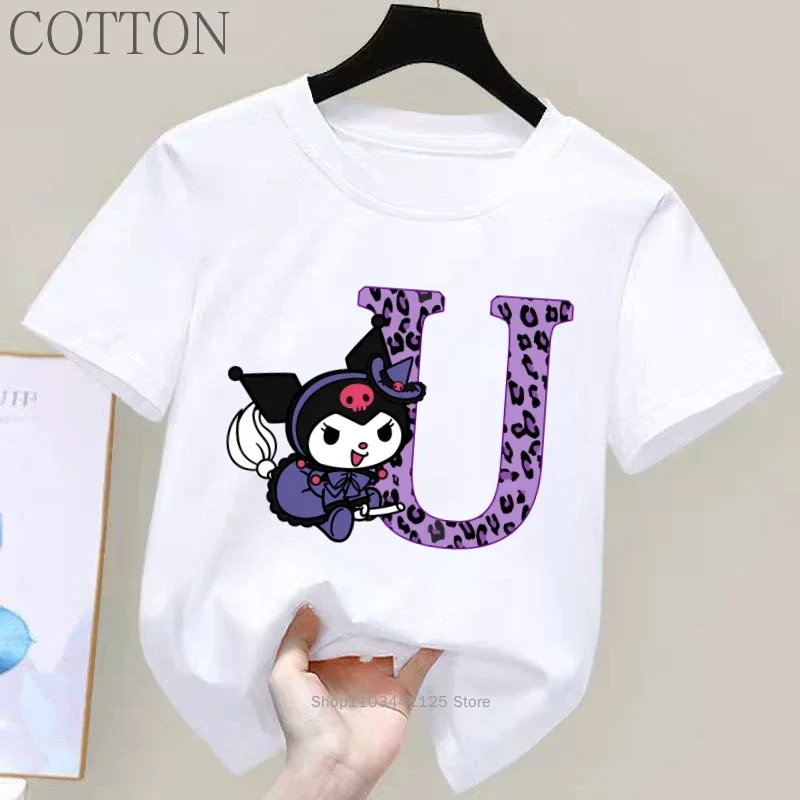 Kuromi Anime Letter A-Z Children\'s Short-sleeved New Sanrio Summer T-shirt Clothes Girly Heart Soft Clothes Kawaii Birthday Gift