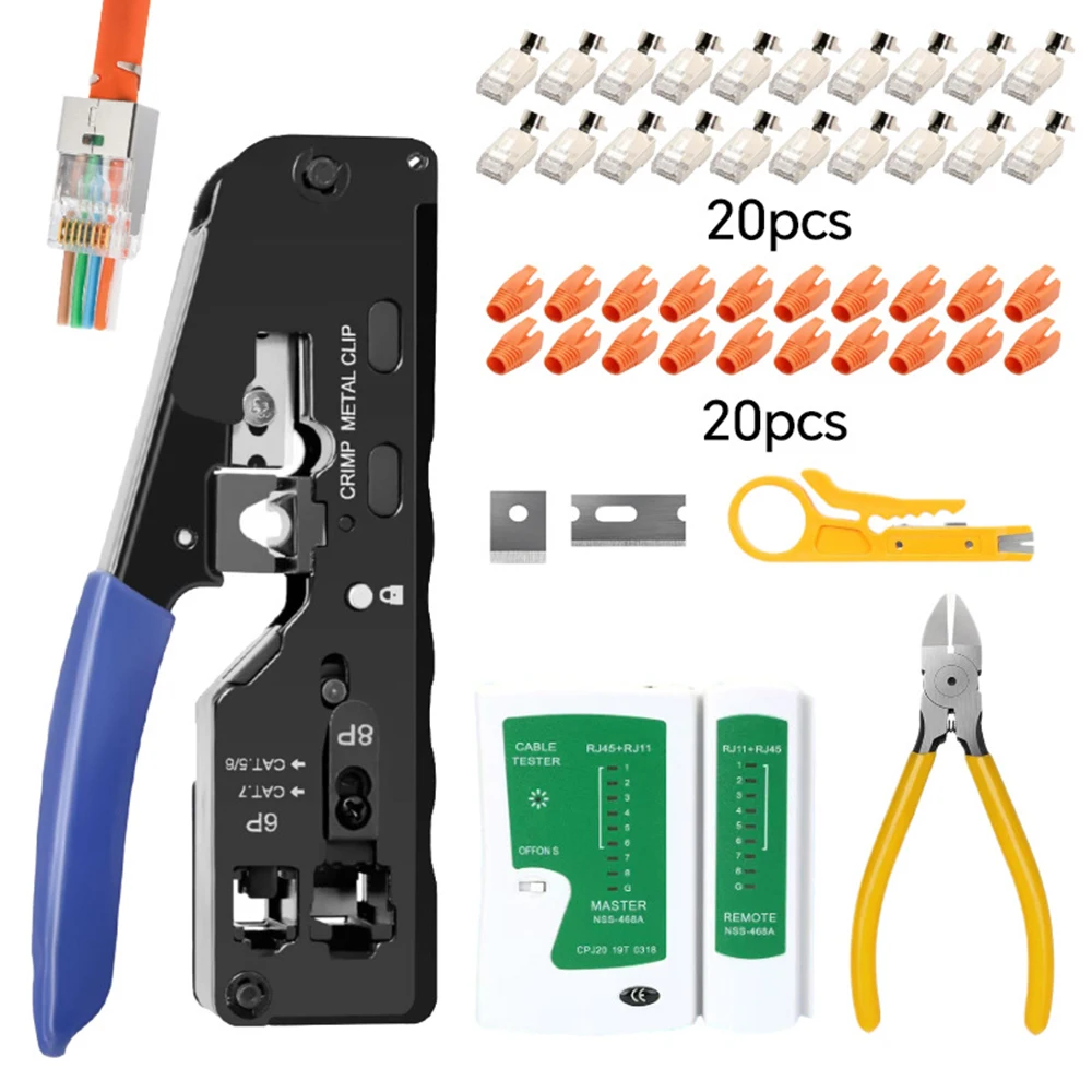 Herramienta de prensado rj45 CAT7 para paso a través de conector RJ11 RJ 45 enchufes modulares CAT6 CAT5E con cortador pelador de cables