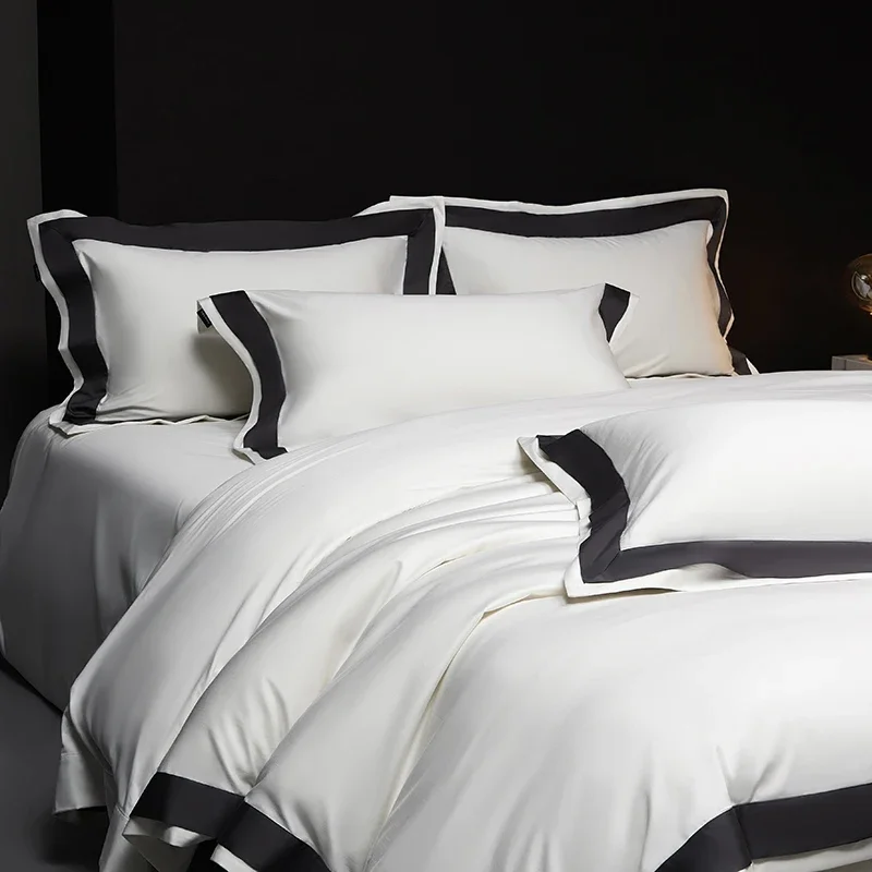 4Pcs Premium 1000TC Egyptian Cotton Solid Color Hotel Style Wide Edge Bedding Set Duvet Cover Bed Sheet/Fitted Sheet Pillowcases