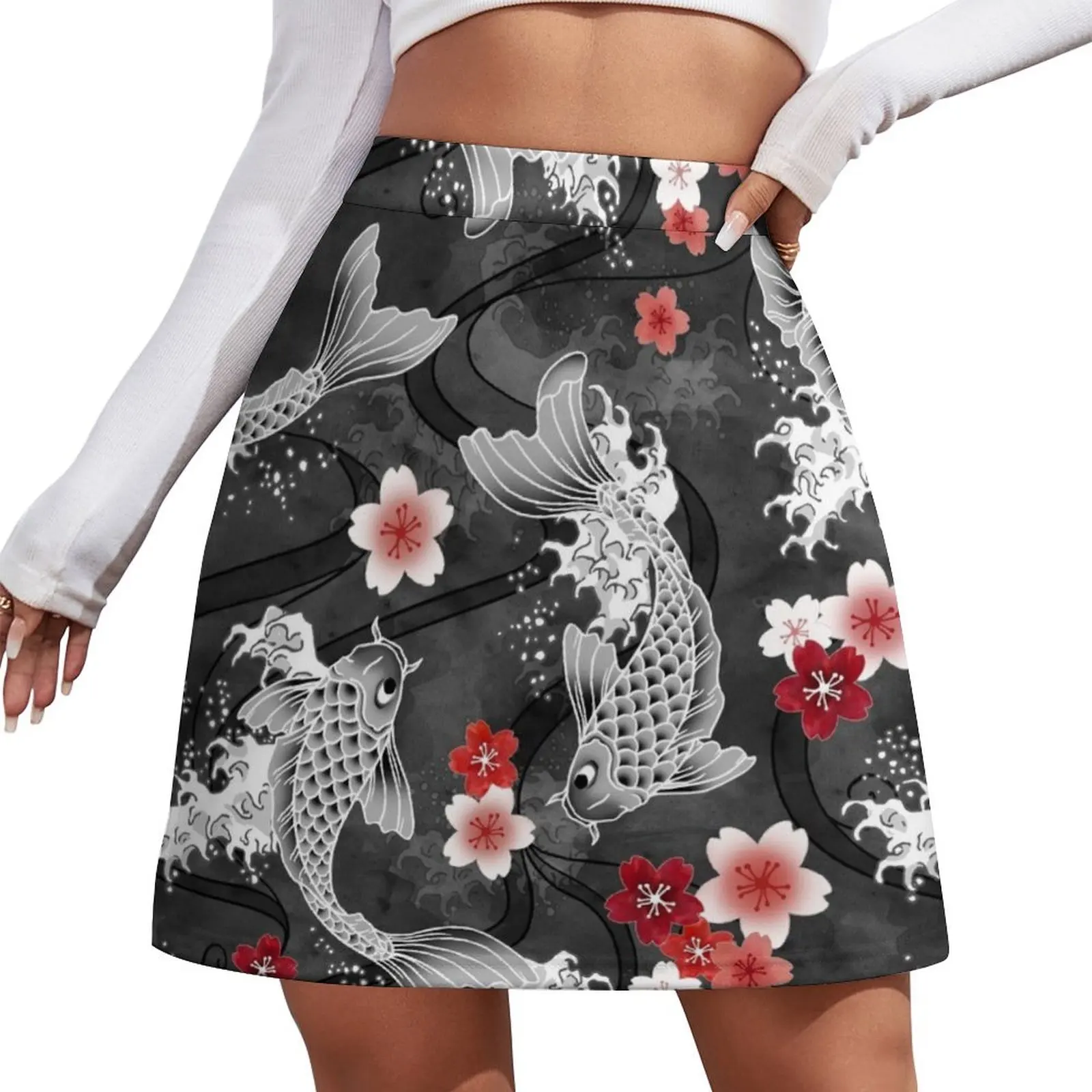 

Koi sakura blossom in black Mini Skirt Woman clothing korean luxury clothing Skirt satin