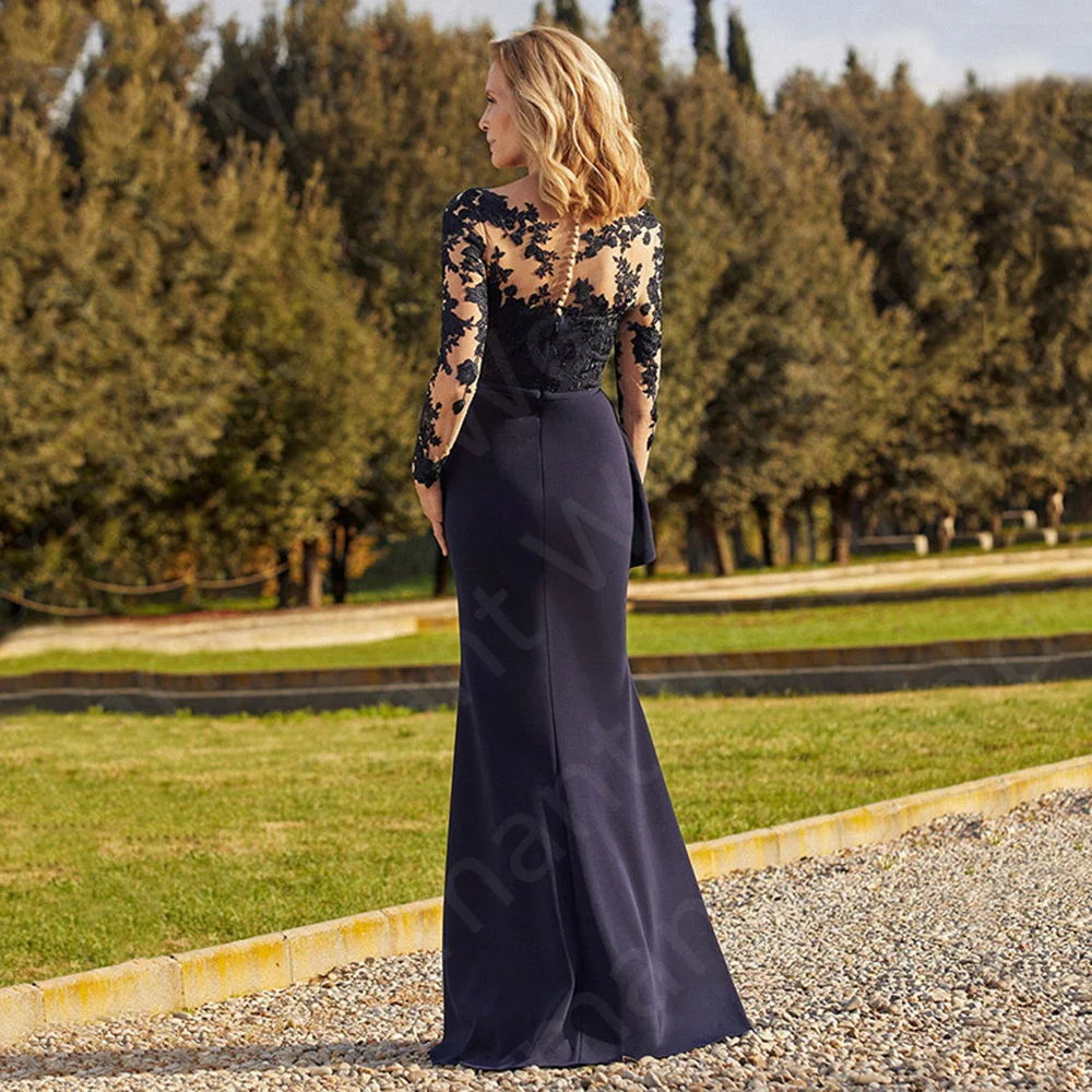 Elegante vestido de sirena para madre de la novia, vestidos de encaje azul marino oscuro, escote en V, vestidos de invitados de boda de manga larga