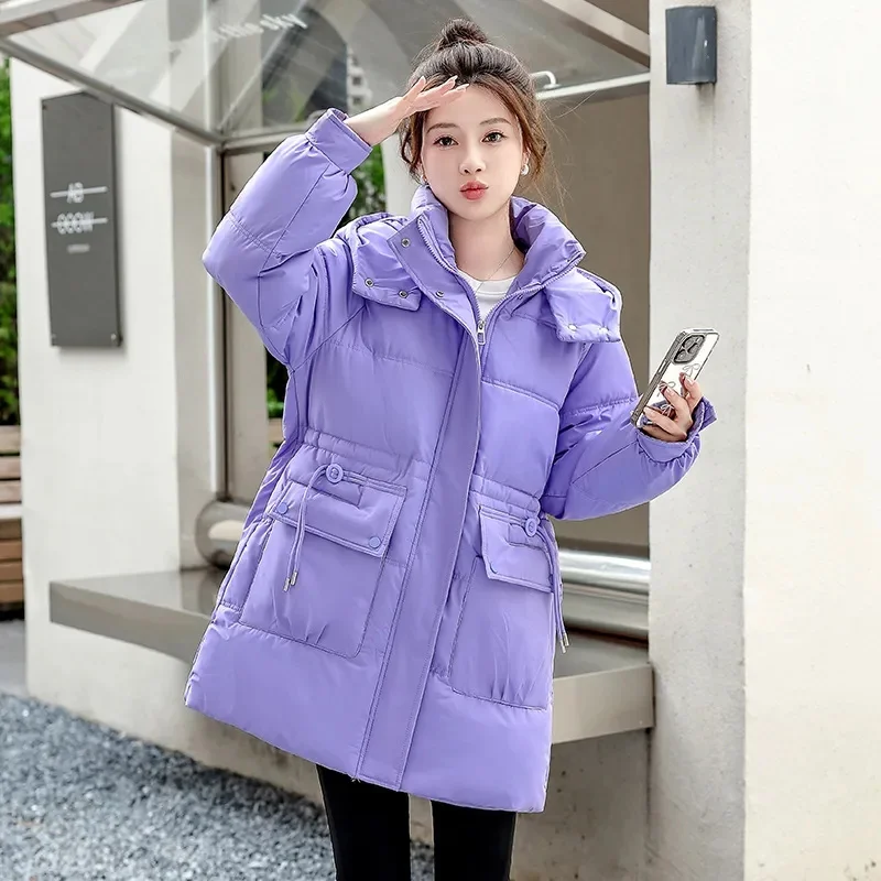 Abrigo acolchado de algodón para mujer, parka cálida a prueba de viento, chaqueta de plumón con capucha, abrigo de longitud media, Top femenino, otoño e invierno, novedad de 2024