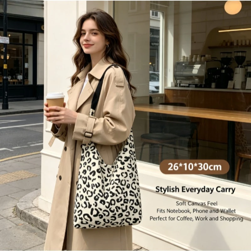 New Leopard Print Canvas Tote Bag, Large Capacity Lazy Style Commute Handbag, Elegant Versatile Fashion Shoulder Bag
