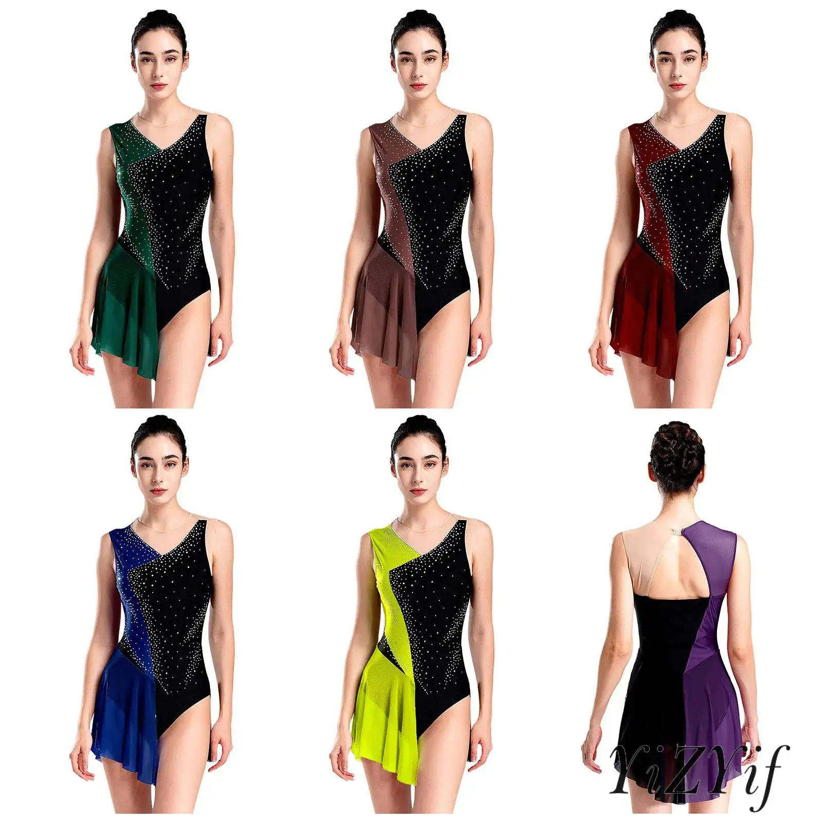 Conjunto de traje de dança de balé tango feminino vestido de strass brilhante design de bloco de cores com luvas de malha combinando roupa de dança lírica