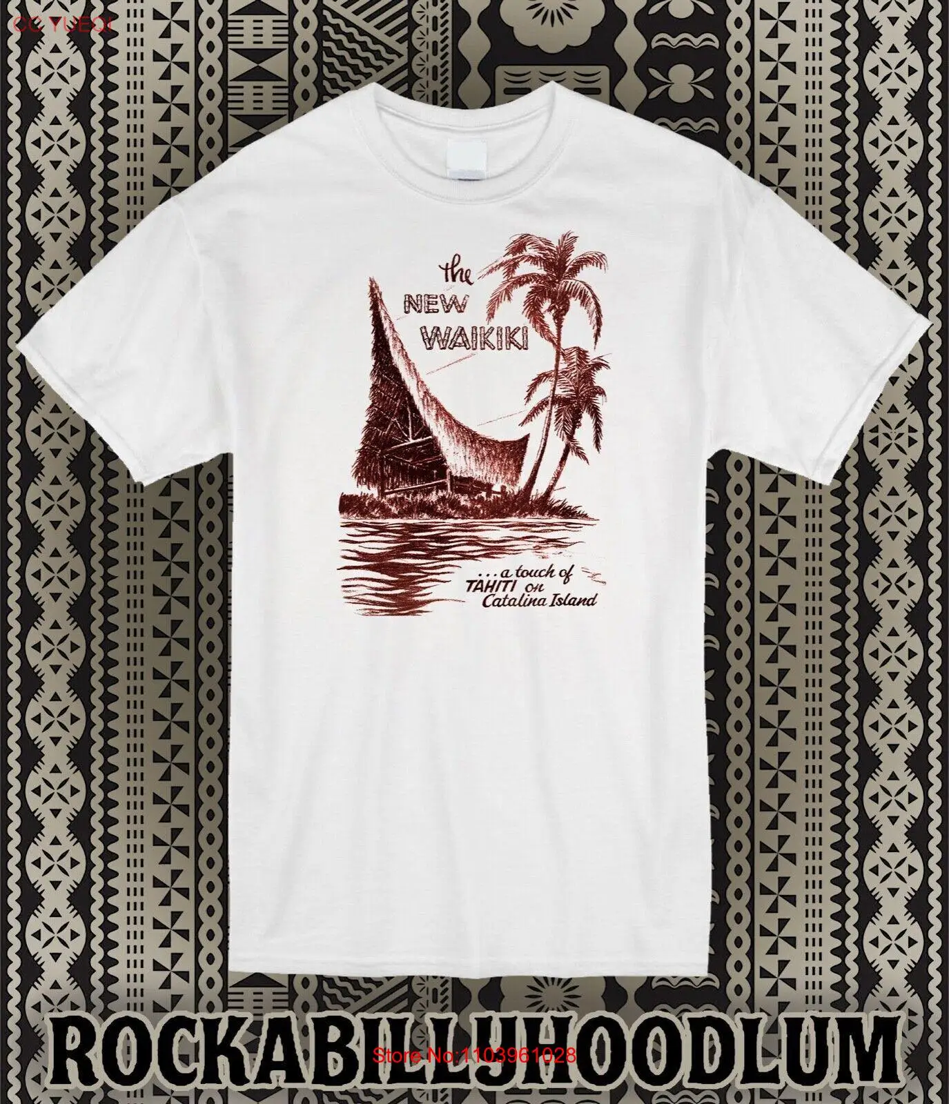 Retro Tiki Art Tee T Shirt Polynesian Mug Bar The New Waikiki Catalina Island CA