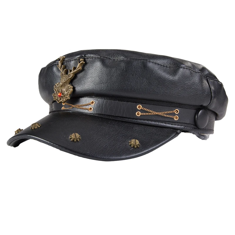 Steampunk Gears Military Hat Punk Retro Deer Head Casquette Cap PU Leather Peaked Caps For Men Women