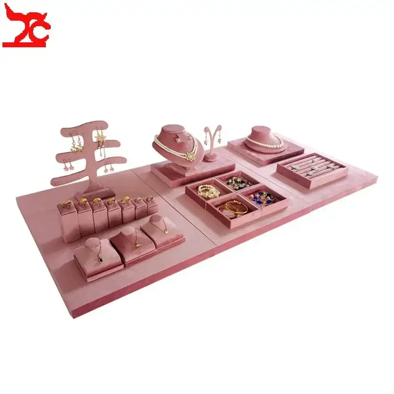 Pink Velvet Jewelry Display Stand Counter Window Necklace Earring Organizer Props Set Business Exhibition Showacase Rack