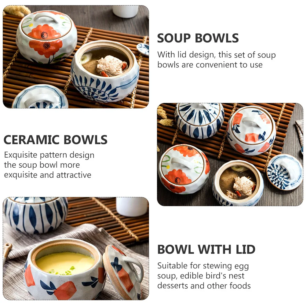 

1Pcs Ceramic Stew Bowl with Lid Non Slip Base Exquisite Pattern for Egg Stewing Soup Bowls Kitchen Supplies